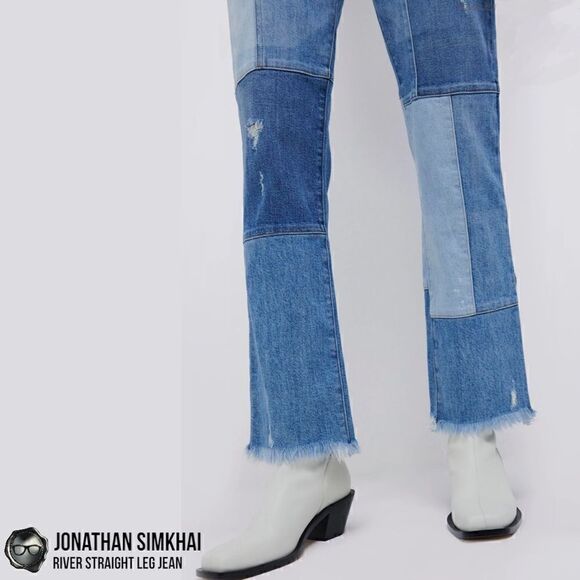 JONATHAN SIMKHAI RIVER STRAIGHT LEG DISTRESSED PATCHWORK JEANS IN INDIGO BLUE 27 - Picture 6 of 16